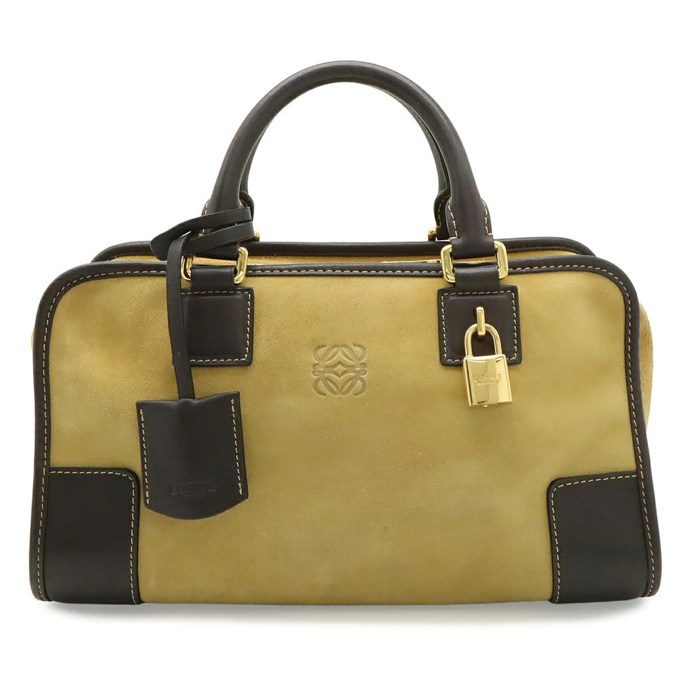 Loewe Amazona Anagram Handbag Boston Bag Suede Leather Beige Cream Dark Brown
